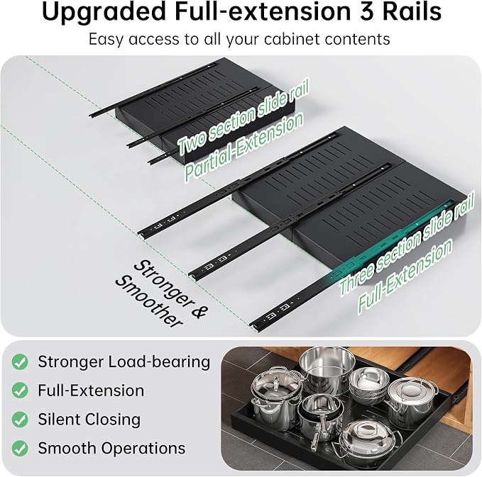 Pull out Cabinet Organizer, 2 pack, 20.5" Deep Heavy Slide out Drawers, Upgrade Three Triple-Slide Rail Systems, Expandable 12.8"-20.8" Roll out Shelf Storage for Kitchen Base Cabinet Organization