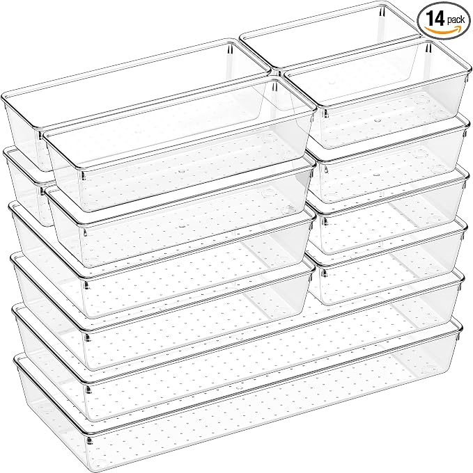 Criusia 14 PCS Clear Plastic Drawer Organizer Set - 5 Large Size Versatile Kitchen and Bathroom Organizer Trays, Non-Slip Storage Bins for Makeup, Utensils, Tool and Office Desk