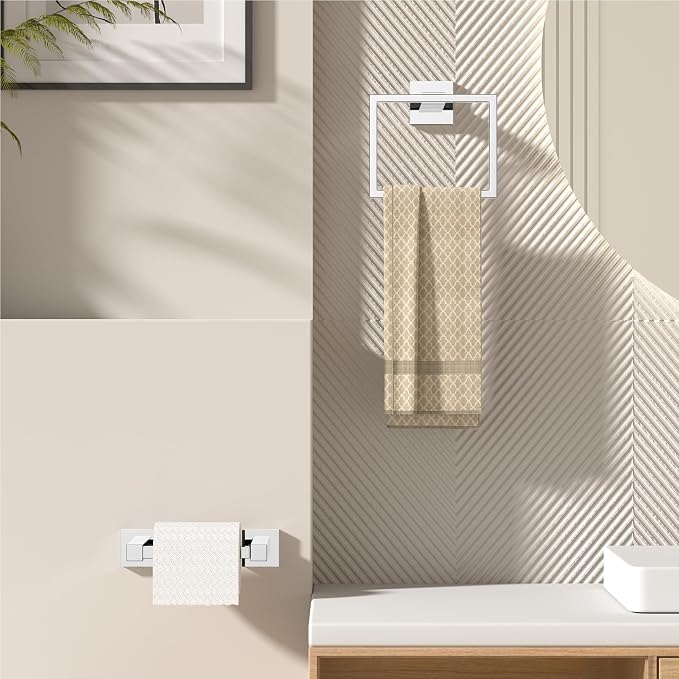 FORIOUS Toilet Paper Holder Set Wall Mount, SUS 304 Stainless Steel Pivoting Toilet Paper Holder and Towel Ring, Hand Towel Holder Set for Bathroom, Square Bathroom Hardware Set, Chrome