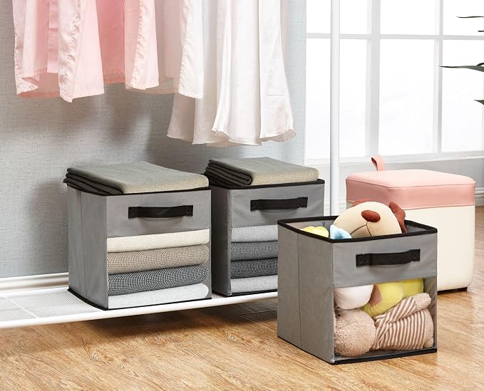 DECOMOMO Storage Bins, Cube Storage Bin with Window | 13" Cube, 6 Pack, Fabric Storage Cubes for Shelves (Grey)