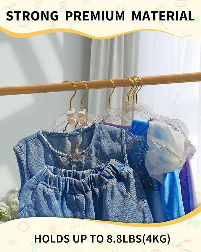 50pcs Slim Clear Toddler Hangers with 10 Connector Hooks for Kid's Closet | Swivel Golden Sparkling Baby Clothes Hangers with Gold Glitter for Infant Coat Outfit, Perchas for Children Boy Gril Nursery