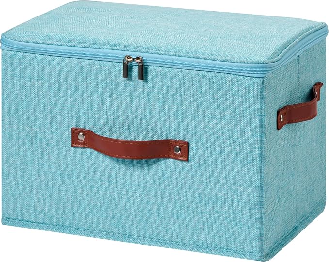 Storage Bin Box with Zippered Lid Cotton Linen Fabric Decorative Basket with PU Leather Handles PP Plastic Board Foldable Lidded Clothing Shelf Closet Organizer Container (Blue, Large)