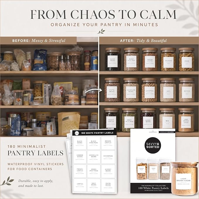 SAVVY & SORTED Minimalist Pantry Labels, 180 Waterproof Vinyl Stickers for Food Containers - Kitchen Labels for Organizing Storage Bins, Jars, Kitchen