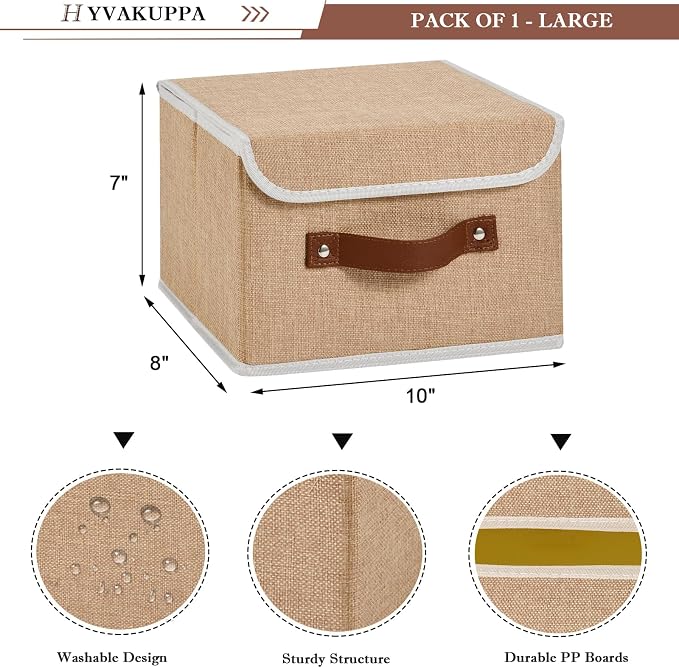 2PCS Collapsible Storage Boxes Baskets with Lid Cotton Linen Fabric Storage Bins with Faux Leather Handles Washable Cube Organizer Container for Home Closet Bedroom (Linen, Small Size)