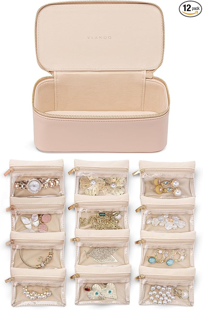 VLANDO Jewelry Box with 12 Velvet Jewelry Bags Travel Jewelry Case for Girls Jewelry Organizers Necklace Rings Earrings Storage Bags Mother Gifts Bridal Shower Gifts- Khaki