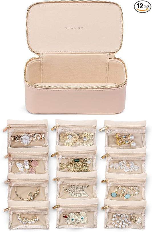 VLANDO Jewelry Box with 12 Velvet Jewelry Bags Travel Jewelry Case for Girls Jewelry Organizers Necklace Rings Earrings Storage Bags Mother Gifts Bridal Shower Gifts- Khaki