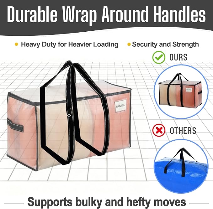 VENO 10 Pack Clear Moving Bags Heavy Duty, 90L Extra Large Transparent Storage Bags, 50lbs Loads, Zippers, Handles & Tag, Moving Boxes Alternative for College Dorm Essentials, Closet