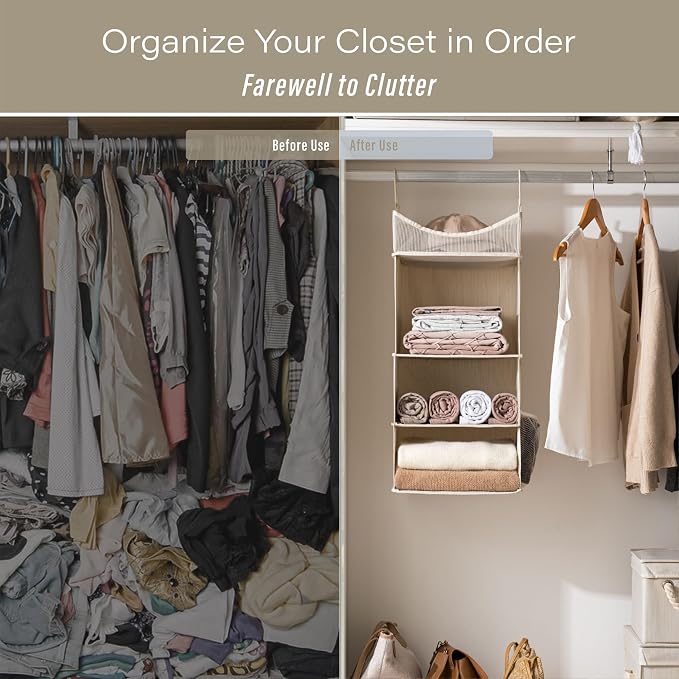 StorageWorks 3-Shelf Hanging Closet Organizer, Adjustable Hanging Closet Organizers and Storage, 12 ¾”W x 12 ¾”D x 32”H, White & Ivory