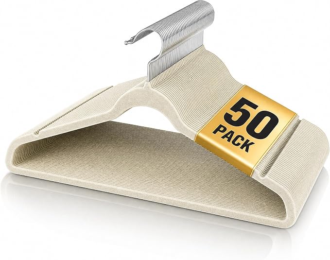 Velvet Hangers 50 Pack, 17.5 Inches Wide Large Size, Heavy Duty Non-Slip Slim Clothes Hangers for Pants, Coats, Skirts, Jeans, Sweaters and More, Nylon-Flocked, Ivory