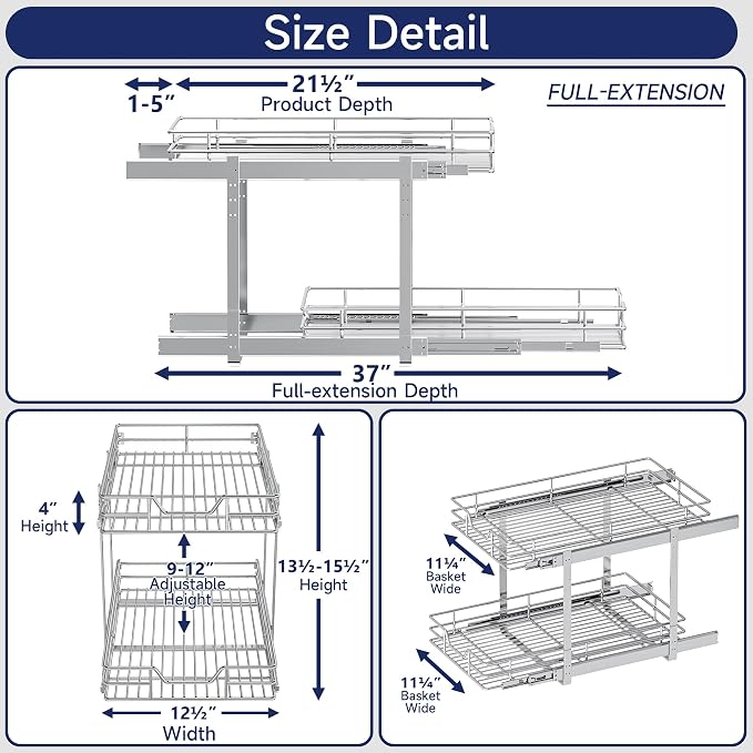 2-Tier Pull Out Cabinet Organizer, 12.5" W x 21.5" D, Heavy Duty Dual Slide Out Shelves for Narrow Base Cabinets, Chrome Wire Basket Drawer for Spices, Bottles & Snacks