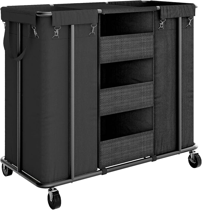 WOWLIVE Laundry Sorter 2 Section, 200L Rolling Laundry Hamper with Wheels | Laundry Cart with Steel Frame, Laundry Basket with Hanging and Removable Bag, Storage Unit Basket Organizer for Dorm, Black