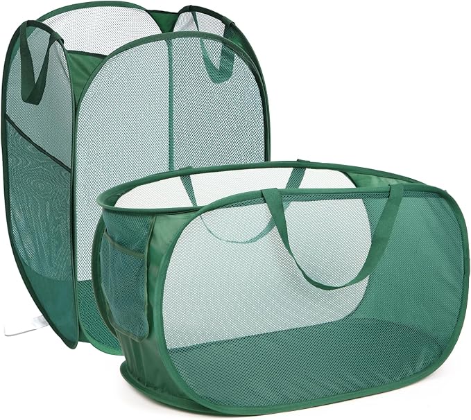 2 Pcs Durable Collapsible Laundry Baskets - Reinforced Mesh Pop Up Laundry Hamper with Pocket, Foldable Dirty Clothes Hamper with Carry Handles for Laundry, Bathroom, Kids Room, Dorm or Travel Green