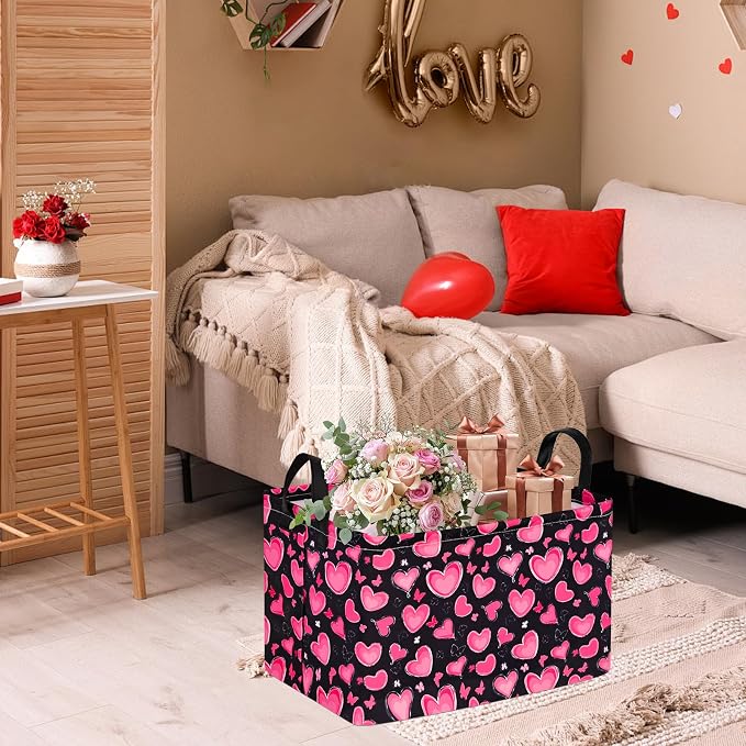 MAIZMZ Empty Gift Basket for Girls Heart Print Storage Cube for Women, Closet Shelf Waterproof Organizer Bins with Handles Nursery hamper Kids Toys Books Box Room Deco