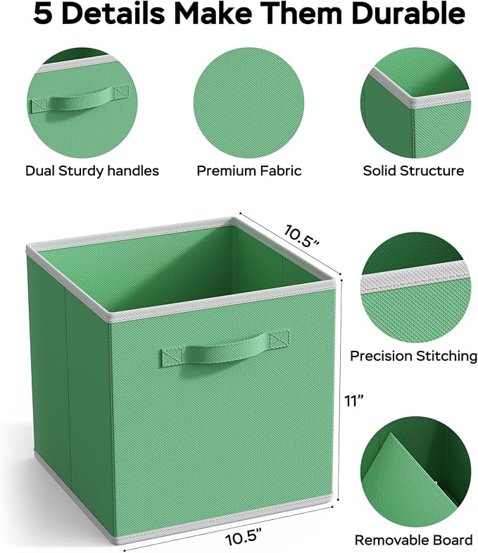 MAX Houser Fabric Cloth Storage Bins,Foldable Storage Cubes Organizer Baskets with Dual Handles for Home Bedroom Storage,Set of 6(Green)