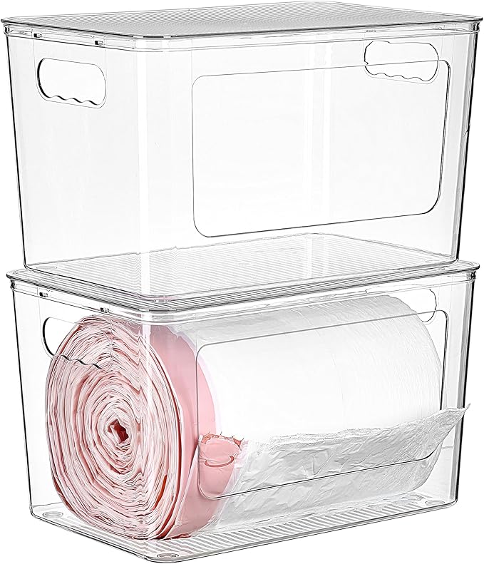 Vtopmart 2 Pack Clear Trash Bag Holder, Stackable Garbage Bag Dispenser | Trash Bag Organizer for 13/30/33 Gallon Bags, Clear Organizer Bins for Under Kitchen Sink, Laundry Room Organization