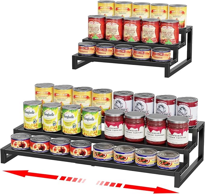 Dmevkic 3-Tier Expandable Can Organizer for Pantry,Adjustable 15''-25'' Metal Can Organizer Holds Up to 24 Cans,Can Holder for Pantry Kitchen Cabinet Countertop,Black