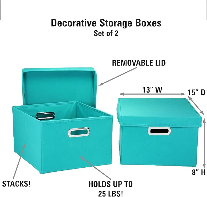 Household Essentials Fabric Storage Boxes with Lids and Handles, Aqua