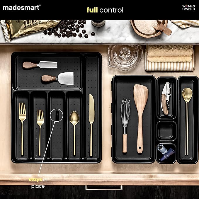 madesmart Premium Silverware Tray, 6 Compartment Flatware Organizer for Forks, Knives & Spoons, Non Slip, Soft Grip Lining, Durable Drawer Organizer, Black