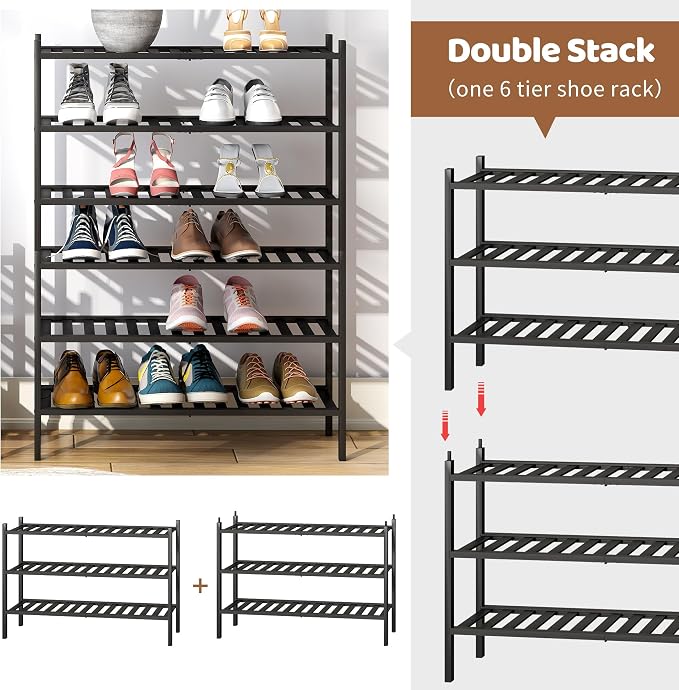 Bamboo Shoe Rack Stackable Shoe Shelf Storage Organizer for Unit Entryway Hallway and Closet Sturdy Freestanding Shoe Shelf(3 Tier Black)