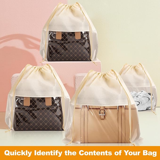 12 PCS Dust Bags for Handbags,Dustproof Drawstring Bags in 4 Size,Breathable Non Woven Fabric Purse Dust Bag,Storage Bags for Handbags Shoes Purses,Beige