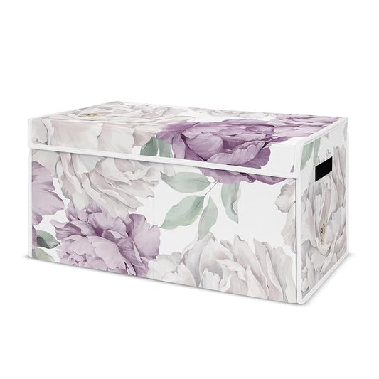 Sweet Jojo Designs Lavender Purple Boho Shabby Chic Floral Girl Collapsible Toy Storage Box Chest Organizer with Lid for Baby Nursery Kid Childrens Room Ivory Bohemian Vintage Garden Watercolor Nature