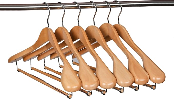Luxury Wide Shoulder Wooden Hangers 6 Pack, with Locking Bar, Smooth Natural Finish Wood Suit Hanger Coat Hanger for Closet, Holds Upto 20lbs, 360° Swivel Hook, for Jacket, Dress Heavy Clothes Hangers