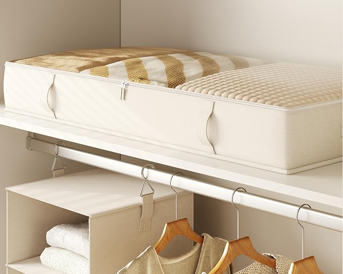Vailando Storage Containers, 8 Inches Tall 80L Underbed Storage Bins with Sturdy Handles and Sidewalls, Closet Organizer for Clothes, Blankets, Seasonal Items, Beige, 2-Pack