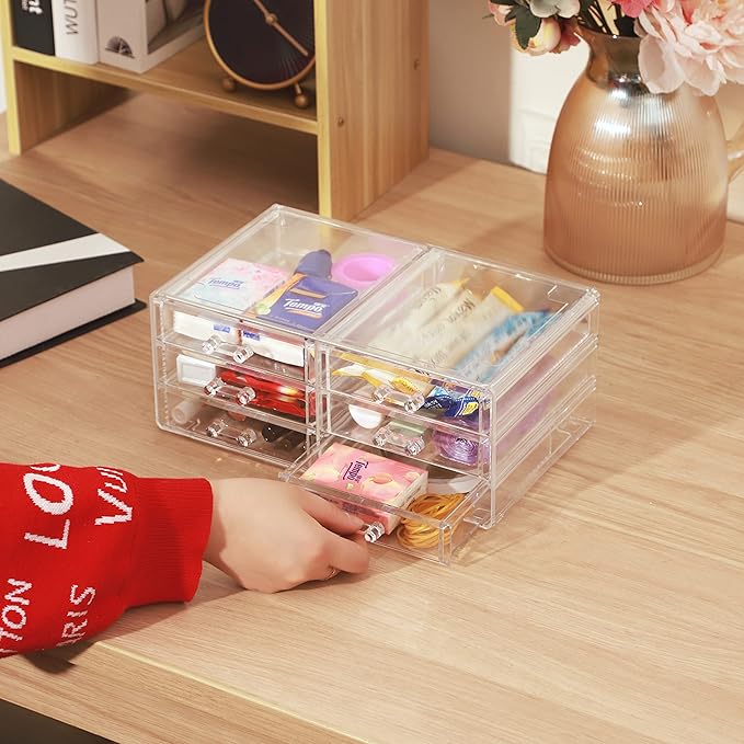 Desktop Storage drawers,Rectangular Desktop Drawers,Plastic Makeup Storage,Containers Bins With Drawers Desk Organization Pull Out Small craft Storage Case Box Cube,Pack of 1 (Clear, 6 Drawers)