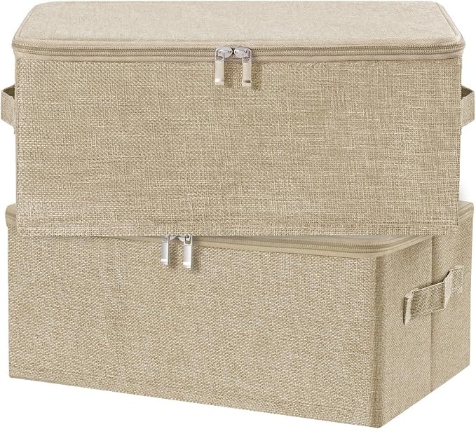ANMINY 2PCS Storage Bins with Zipper Lids 13 Qt Lidded Fabric Storage Boxes Baskets Cubes with Handles Collapsible Washable Cotton Linen Closet Shelf Clothes Organizer Containers - Beige, Small