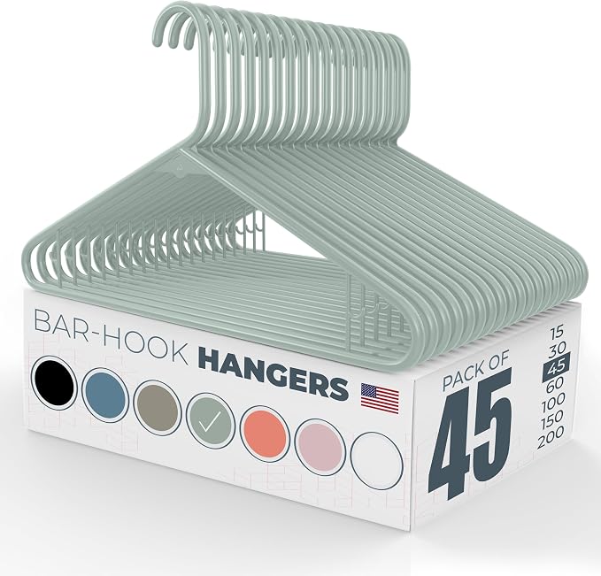 Plastic Hangers 45 Pack – Made in the USA – 6lb Capacity Standard Clothes Hangers with Strap Hooks for Dresses, Lingerie, Shirts, Pants, and Jackets – Mint