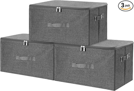 ANMINY 3PCS Storage Bins with Zipper Lids 36 Qt Lidded Fabric Storage Boxes Baskets Cubes with Handles Collapsible Washable Cotton Linen Closet Shelf Clothes Organizer Containers - Gray, Large