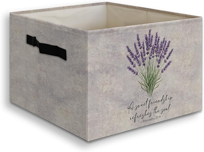 Christian Lavender Floral Decor Basket Foldable Storage Bins Box with Handles, Christian Friendship Gifts for Women, Bible Verse Collapsible Organizer for Bedroom Bathroom Clothes Toys Books