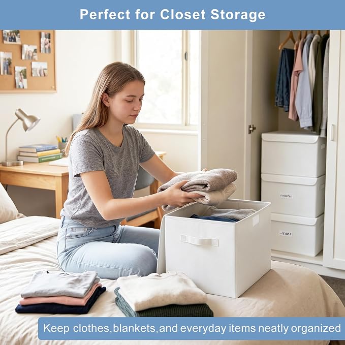 Bagnizer Large 22 Quart Linen Fabric Foldable Storage Bin Cube Organizer Basket with Flip-Top Lid & Handles, Clothes Blanket Box for Home, Office, Closet, White, 4 Pack 14.6 x 9.5 x 9.5”