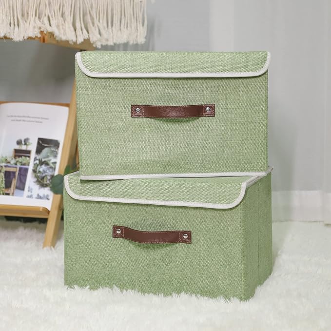 ANMINY 4PCS Storage Bin with Lid Storage Boxes with PU Leather Handles PP Plastic Board Decorative Foldable Lidded Cotton Linen Fabric Home Cubes Baskets Closet Organizer Container - Green, Medium