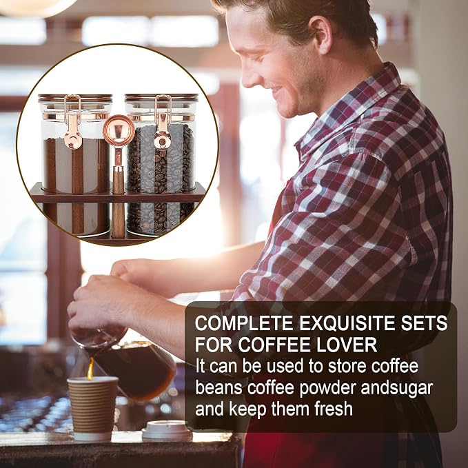 Glass Coffee Container with Wooden Shelf, 2 x 40 FLOZ Coffee Bean Storage with Sealed Closure Clips and Copper Spoon, Kitchen Large Capacity Food Storage Jar, Ground Coffee Container