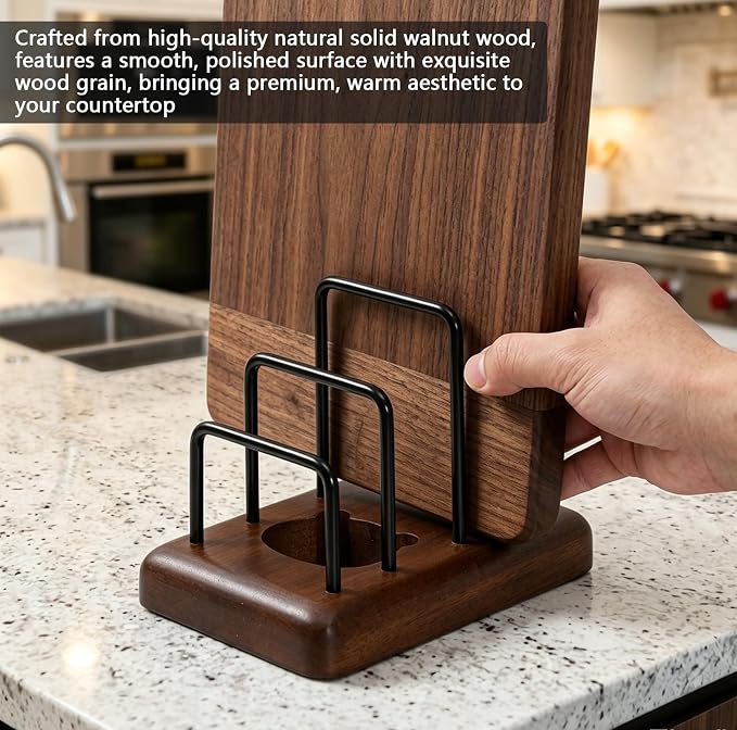 Chopping Board Rack with Walnut Base – 3 Slot Wood Cutting Board Holder Pot Lid Stand, Baking Trays Pans Plates Cabinet Storage Divider Accessory for Home Countertop Kitchen Storage & Organizer