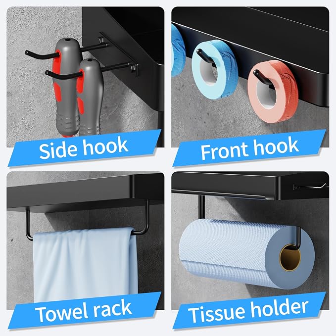 SUNTECH Garage Paper Towel Holder with Shelf, 3 Pack Black Heavy Duty Wall and Screw Mount Rack for Workshop, RV, Tool Room, Also Works as a Shop Towel Holder