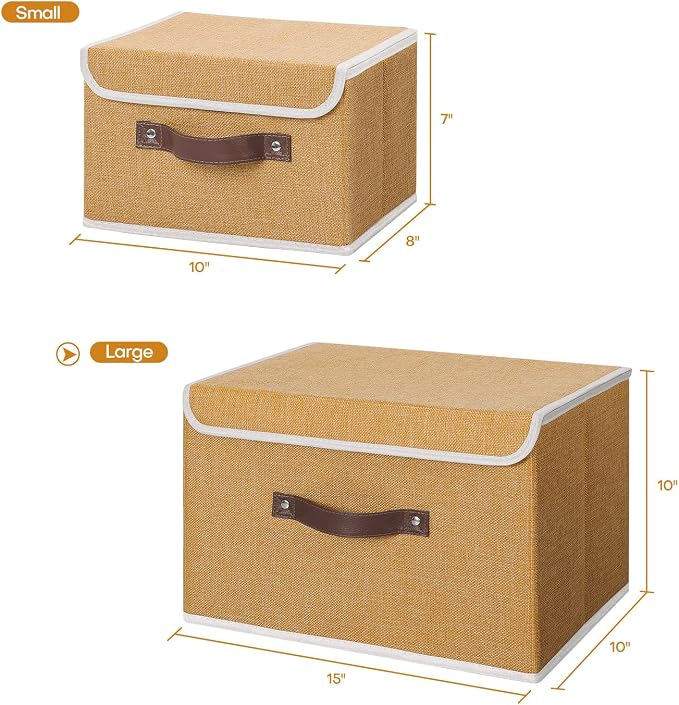 ANMINY 4PCS Storage Bins with Lid PU Leather Handles Storage Boxes PP Plastic Board Decorative Foldable Lidded Cotton Linen Fabric Home Cubes Baskets Closet Organizer Containers - Khaki, Large Size
