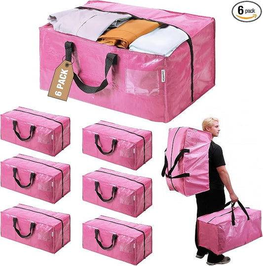 WORKPRO 6 Pack Extra Large Moving Bags with Zippers & Carrying Handles Backpack Straps, Heavy-Duty Storage Tote for Space Saving Moving Storage (Pink)