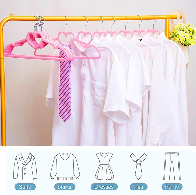 Velvet Hangers 50 Pack,16 Inch Non Slip Adult Heart Hanger (Pink) | 360° Swivel Hooks, Cascade Design, Space Saving