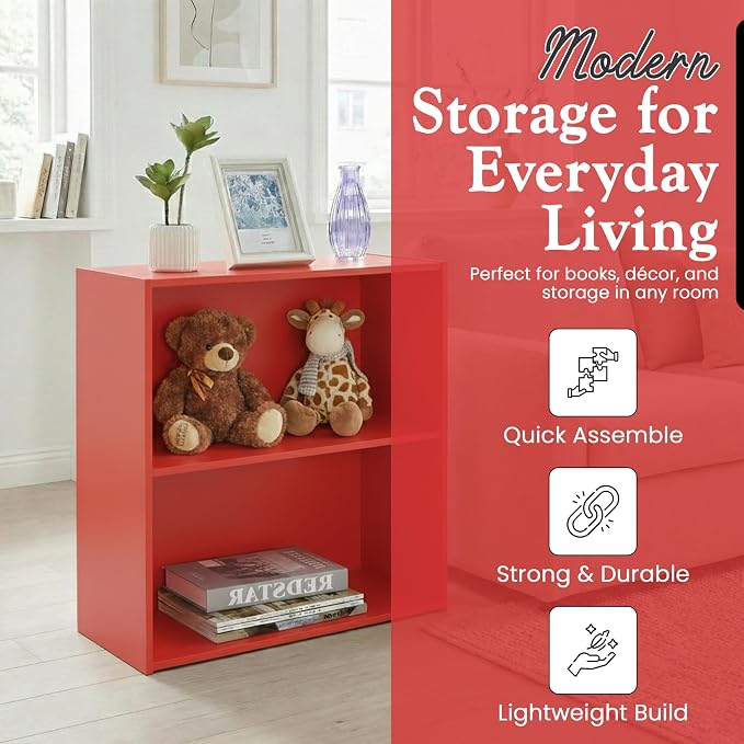 KB Designs - Tony 2-Tier Modern Bookcase with Open Storage Shelves for Kids’ Rooms, Playrooms, or Home Offices – Compact Colorful Bookshelf Organizer