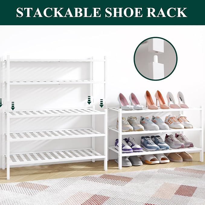 Smiry Bamboo Shoe Rack for Closet, 5 Tier Wooden Shoe Organizer, Stackable Wood Shoe Storage Shelf for Entryway, 14 Vertical Slats, 2+3 Stack Heavy-Duty Legs, 26.77"x11.02"x31.3", White