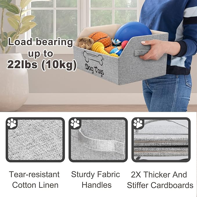 2X Thicker Large Dog Toy Collapsible Fabric Dog Toy Box and Storage Bin With Handle - Trapezoid Dog Toy Basket Chest Organizer for Pet Toys, Blankets and Accessories