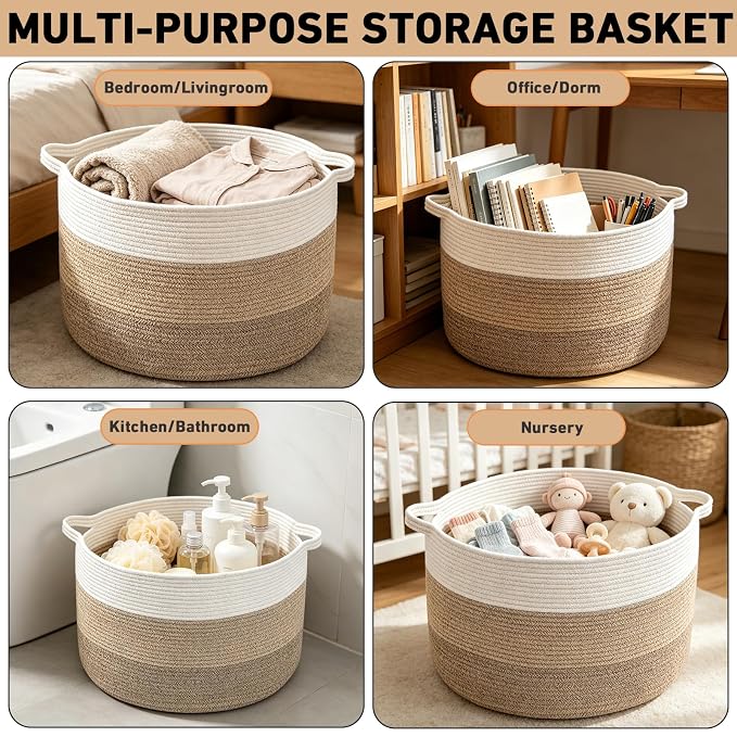 90L Extra Large Blanket Basket,Woven Rope Laundry Basket Hamper with Handles, Decorative Nursery Basket Storage Bin for Toys, Clothes Organizer, Living Room, Bedroom, Bathroom, Brown