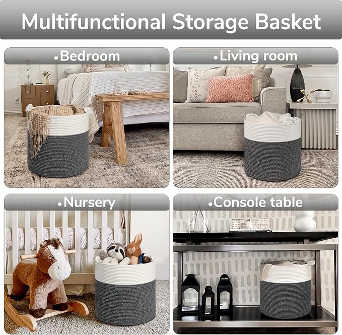 Goodpick Baby Storage Basket, Cotton Rope Laundry Basket for Blankets, Clothes 15 x 14.2 Inches, Nursery Woven Storage Organizing for Toys, Grey