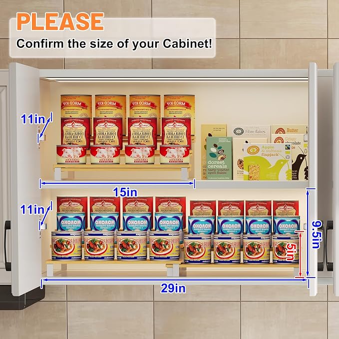 Expandable Can Organizer for Pantry, 3-Tier Adjustable Bamboo & Iron Can Rack for Cabinets, Easy-Access Storage for Canned Goods, Holds Up to 30 Soda & Soup Cans, White