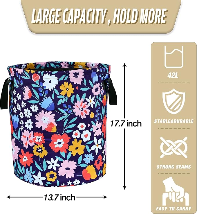 Folk Floral Art Laundry Basket Beautiful Flowers Foldable Oxford Cloth Funny Tote Bag Laundry Hamper Clothes Storage Bucket Organizer For Bathroom/Laundry Storage/Bedroom 18.9x16.5 Inch
