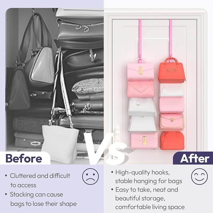 SWTYMIKI Over the Door Purse Organizer - 2 Packs Wall Mounted Purse Rack with 5 Hooks Design, Hanging Handbag Organizer Storage Holds up to 10 Bags, Bag Rack for Closet, Door (Pink)