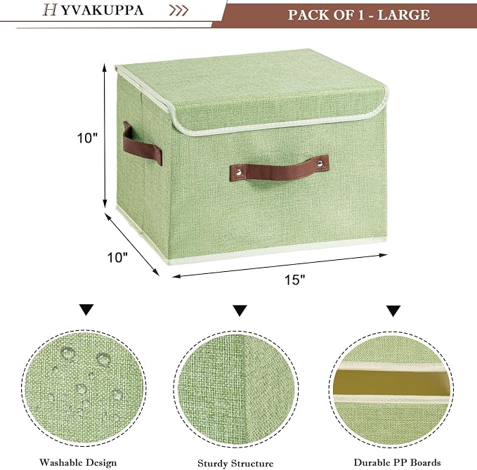 2PCS Collapsible Storage Boxes Baskets with Lid Cotton Linen Fabric Storage Bins with Faux Leather Handles Washable Cube Organizer Container for Home Closet Bedroom (Green, Large Size)