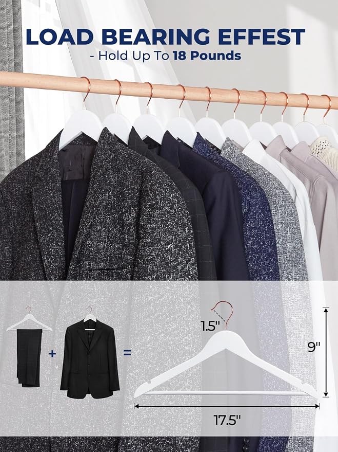 Smartor White Wooden Hangers 20 Pack, Solid Wood Coat Hanger for Closet, Heavy Duty Wood Hangers for Suits, Shirts, Dresses, with 360° Rose Gold Hook, Non Slip Pant Bar